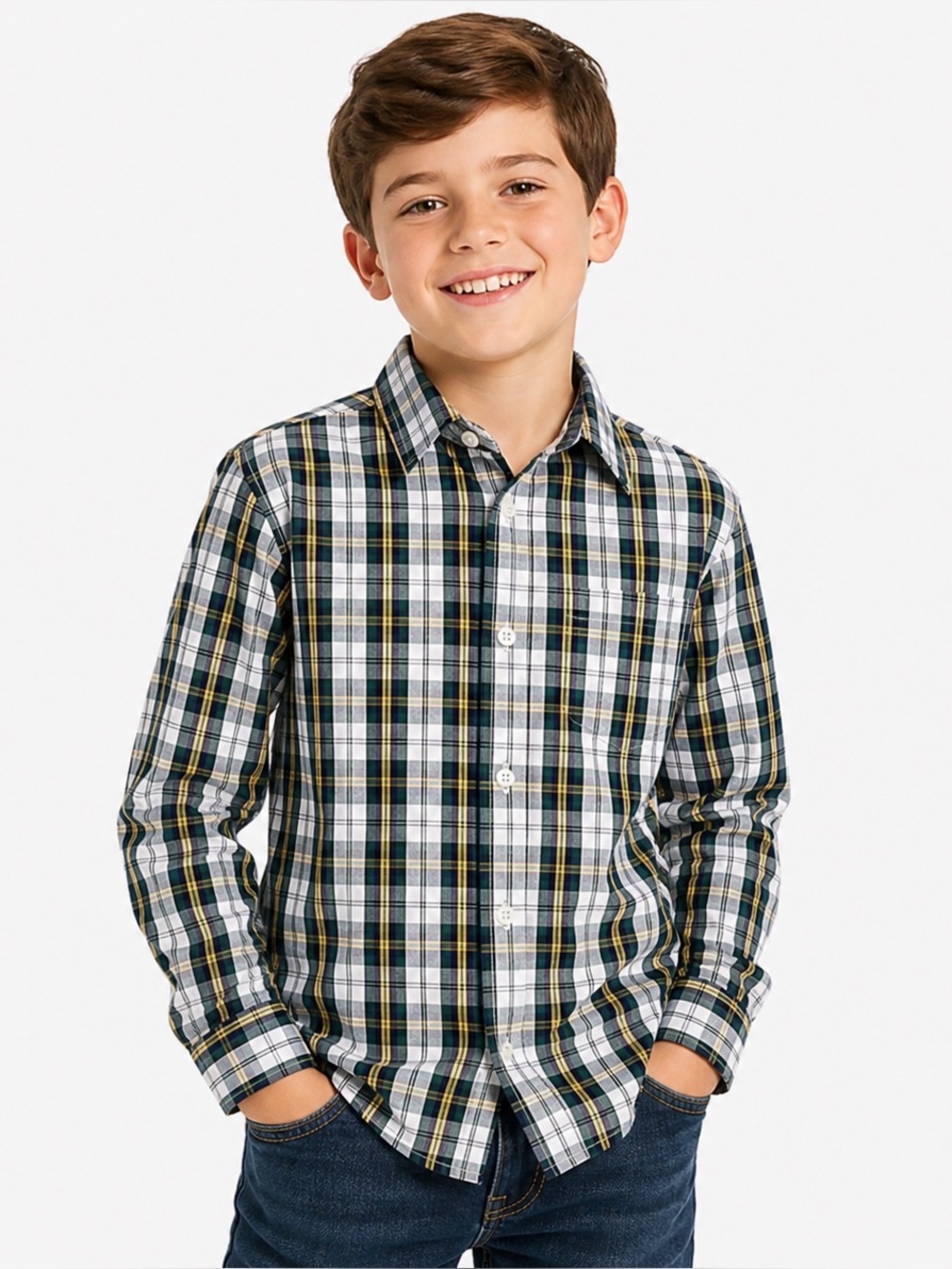 IZOD Boys Plaid Button Down Shirt Size 8 Green Blue Long Sleeve